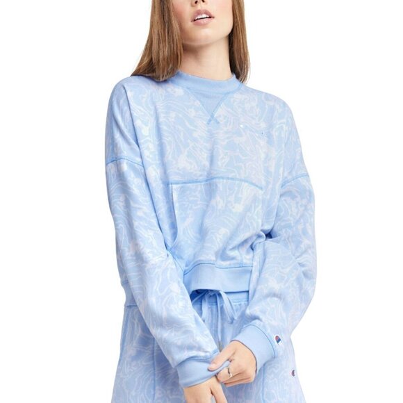 CHAMPION Women's Campus-Print French Terry Crewneck Blue and White Sweater NWT - Picture 1 of 5